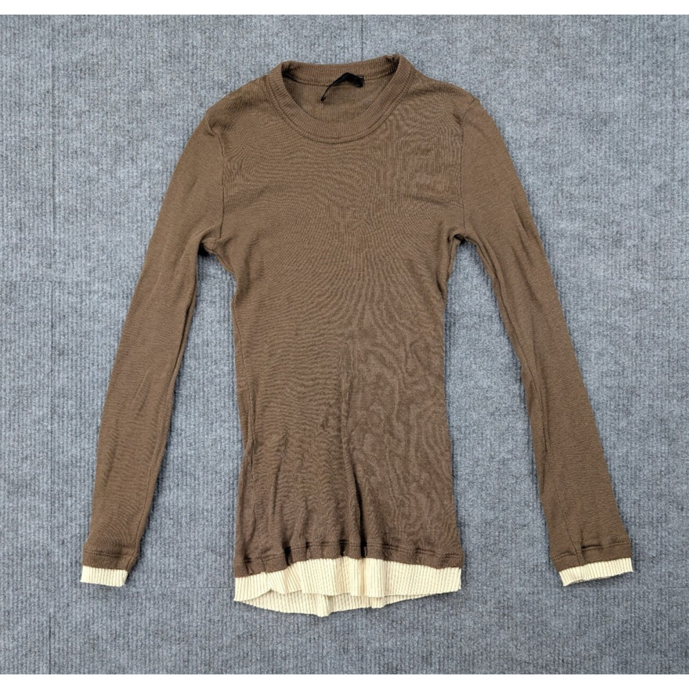 Zara Shirt Womens Small Y2K Ribbed Stretch Cotton Faux Layered Brown 90s Fitted